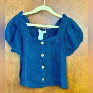 Girls Love Squared navy blue cropped cotton shirt NWT